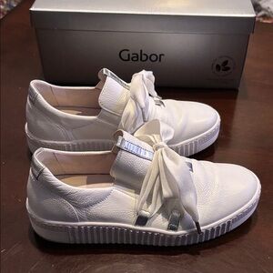Gabor White Leather Slip On Sneakers with Silver Accents and Lace Ribbon Tie NWT